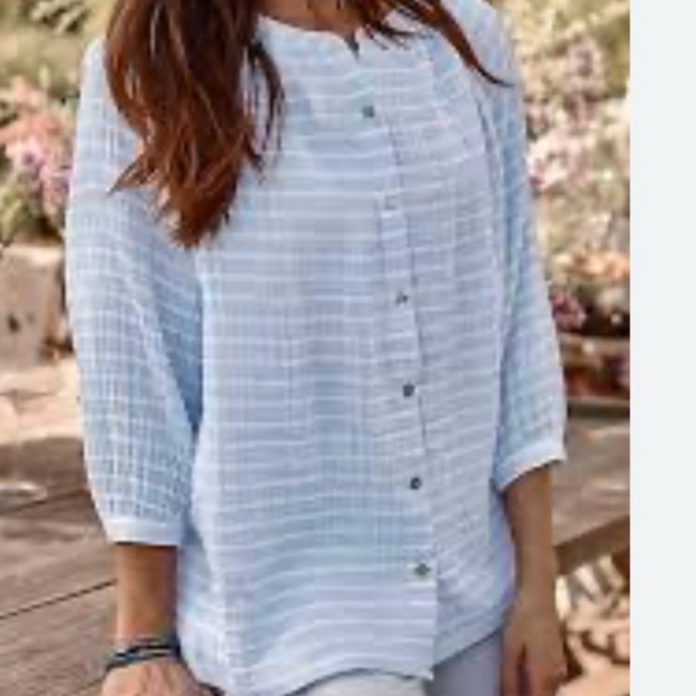 J. Jill Pure Jill Blue White Striped Cotton Gauze Button Front Tunic - Tall S